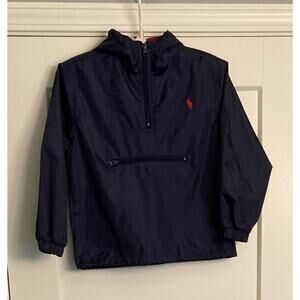 Kids Polo Ralph Lauren Sz 5 Navy Blue/Red Windbreaker Hooded 1/4 Zip